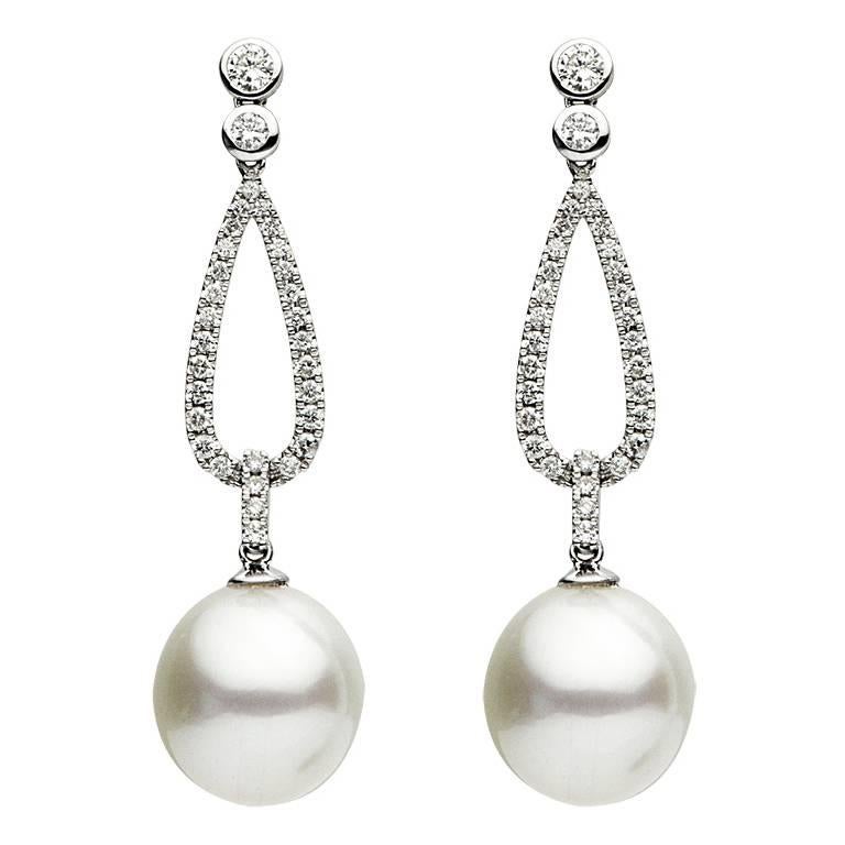South Sea Pearl Micro Pave Diamond Earrings in White Gold For Sale