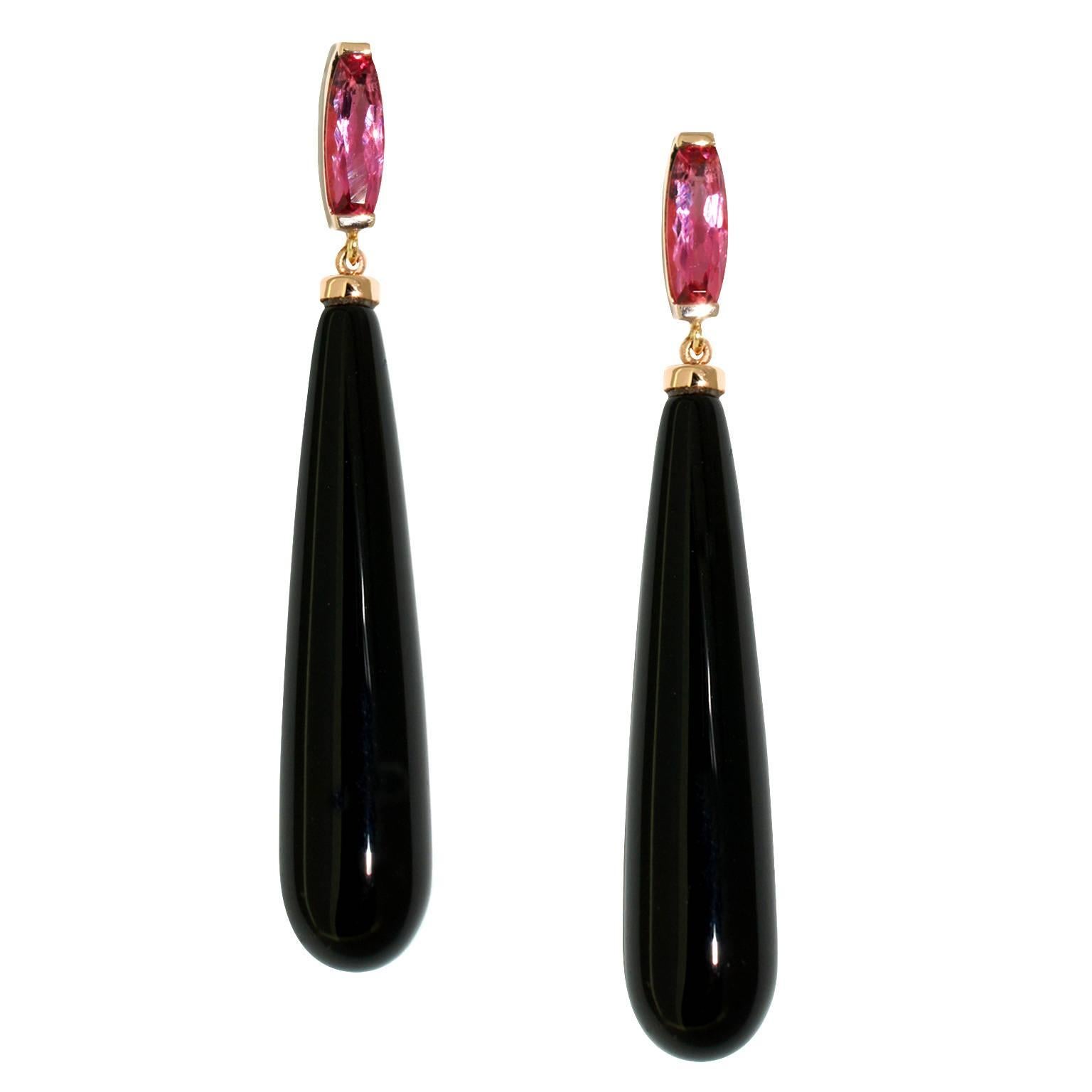 Lizunova Onyx and Pink Spinel Rose Gold Drop Earrings