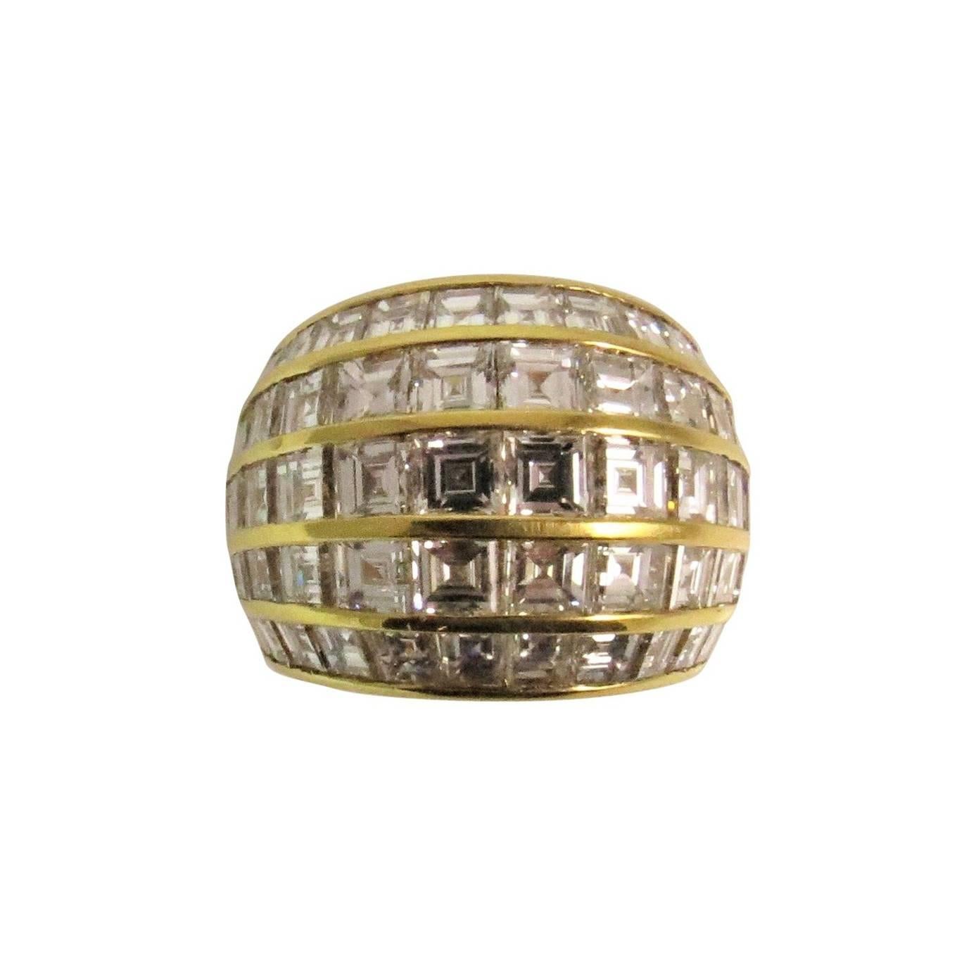 18 Karat Yellow Gold Wide Square Cut Diamond Ring For Sale