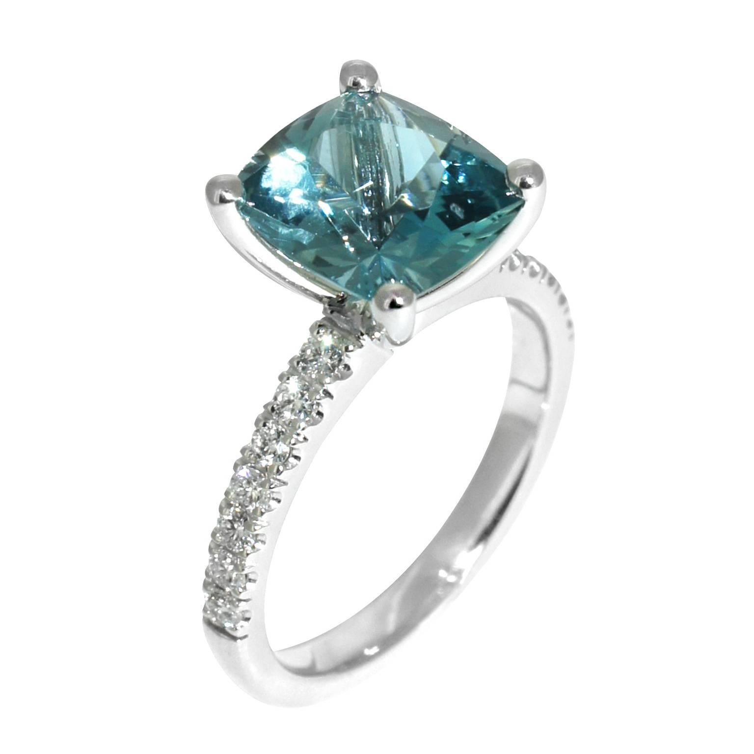 Lizunova Aquamarine & Diamond 18k White Gold Bridal Engagement Ring For Sale