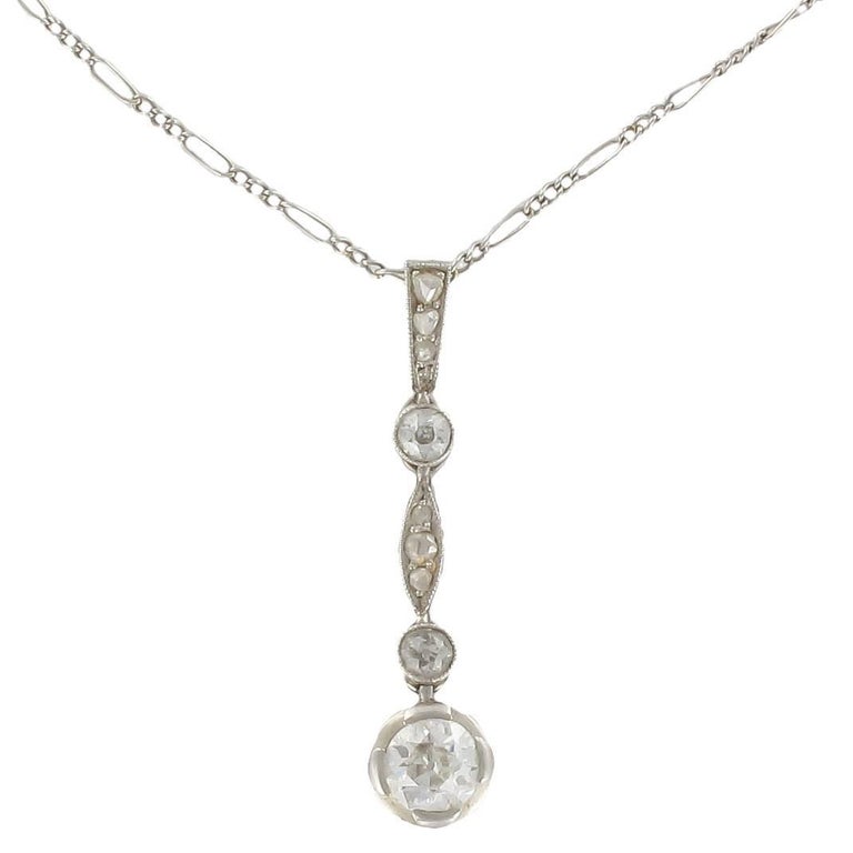 French Art Deco Platinium White Gold Diamond Pendant Necklace at
