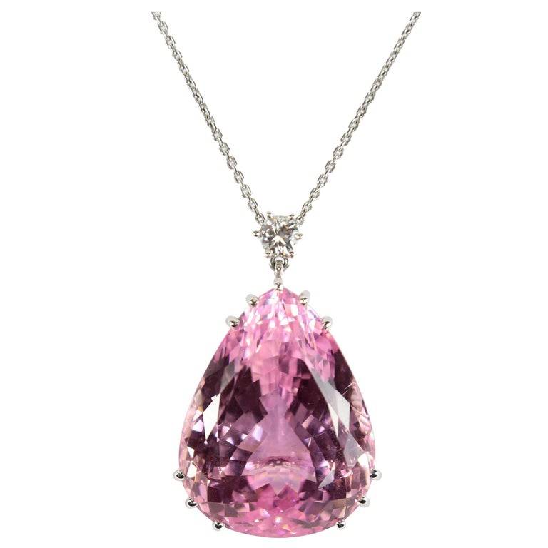 Fabulous Large 130 Carat Pink Teardrop Kunzite Diamond Pendant Necklace at  1stDibs