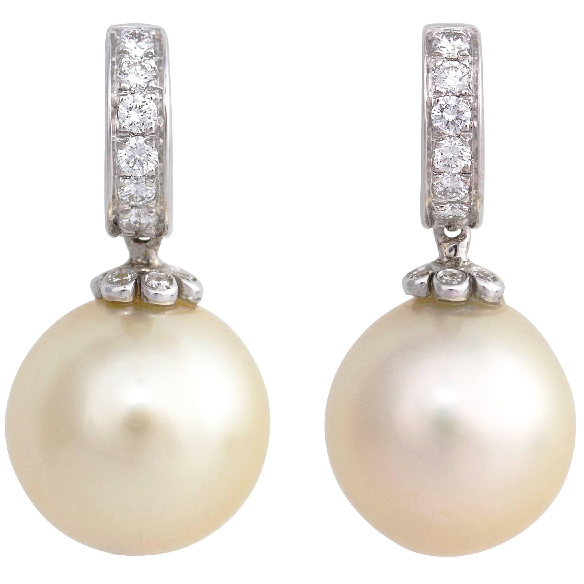 Ella Gafter Golden South Sea Pearl and Diamond White Gold Hoop Drop Earrings