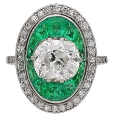Antique Old Mine Cut Diamond and Emerald Ring, circa 1920