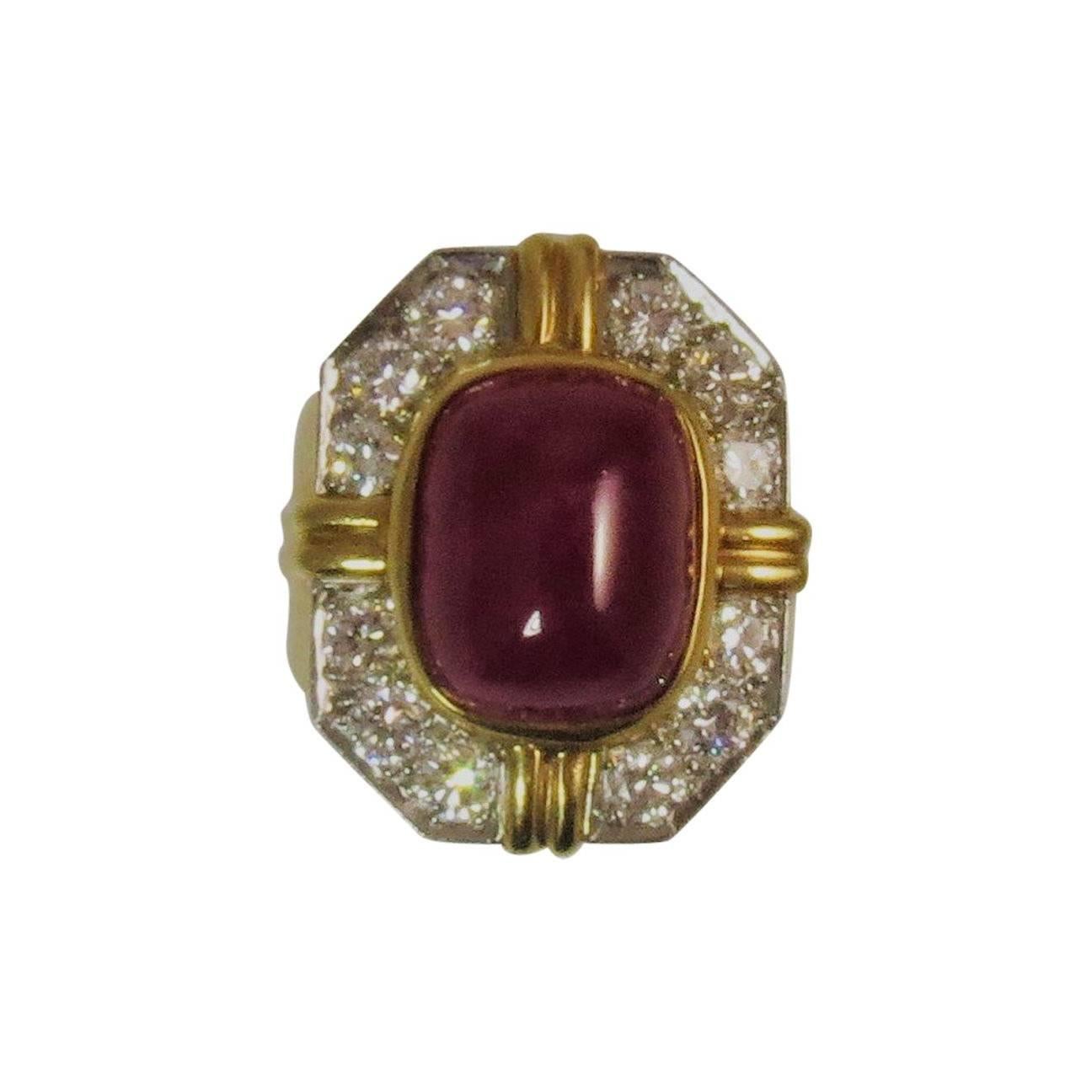 18 Karat Yellow Gold and Platinum Cabochon Ruby and Diamond Ring