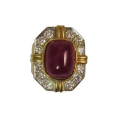 Vintage 18 Karat Yellow Gold and Platinum Cabochon Ruby and Diamond Ring