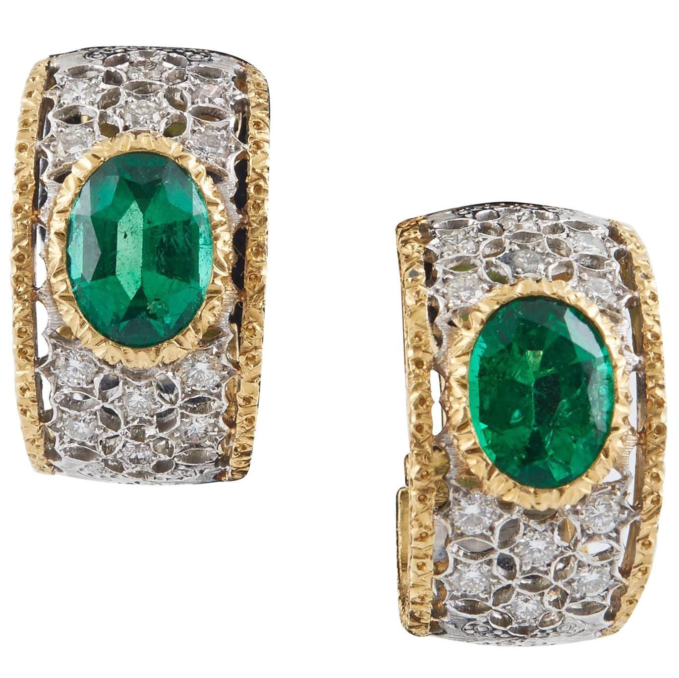 Mario Buccellati Diamond and Emerald Ear Clips