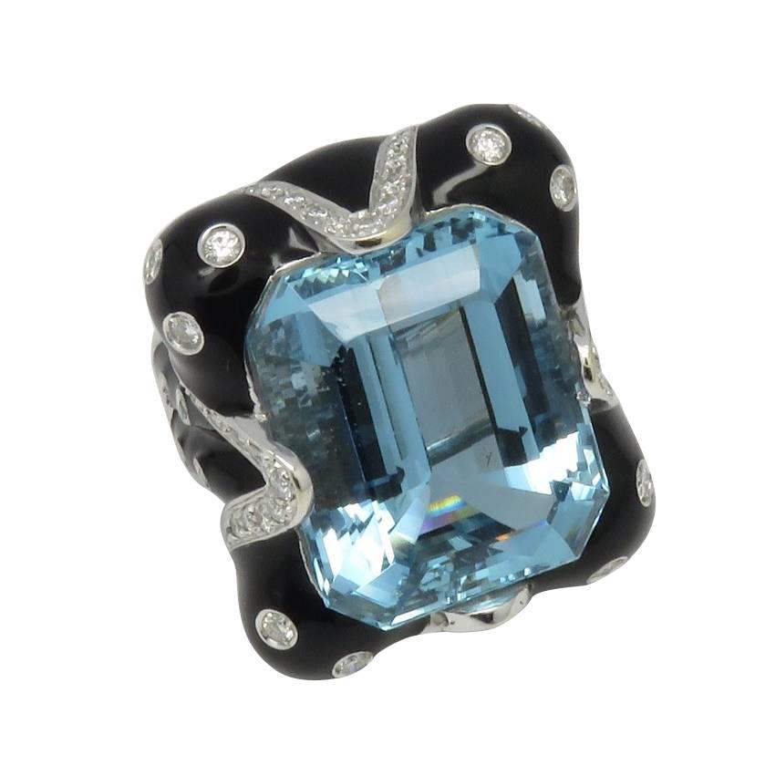 Andreoli 46.25 Carat L.F.G Certified Santa Maria Aquamarine Diamond Enamel Ring For Sale