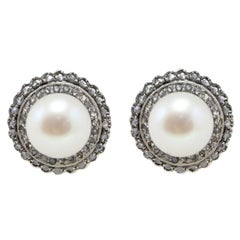 Vintage 0.50 ct Diamonds,  1.90 g Australian Pearls Rose Gold Silver Earrings