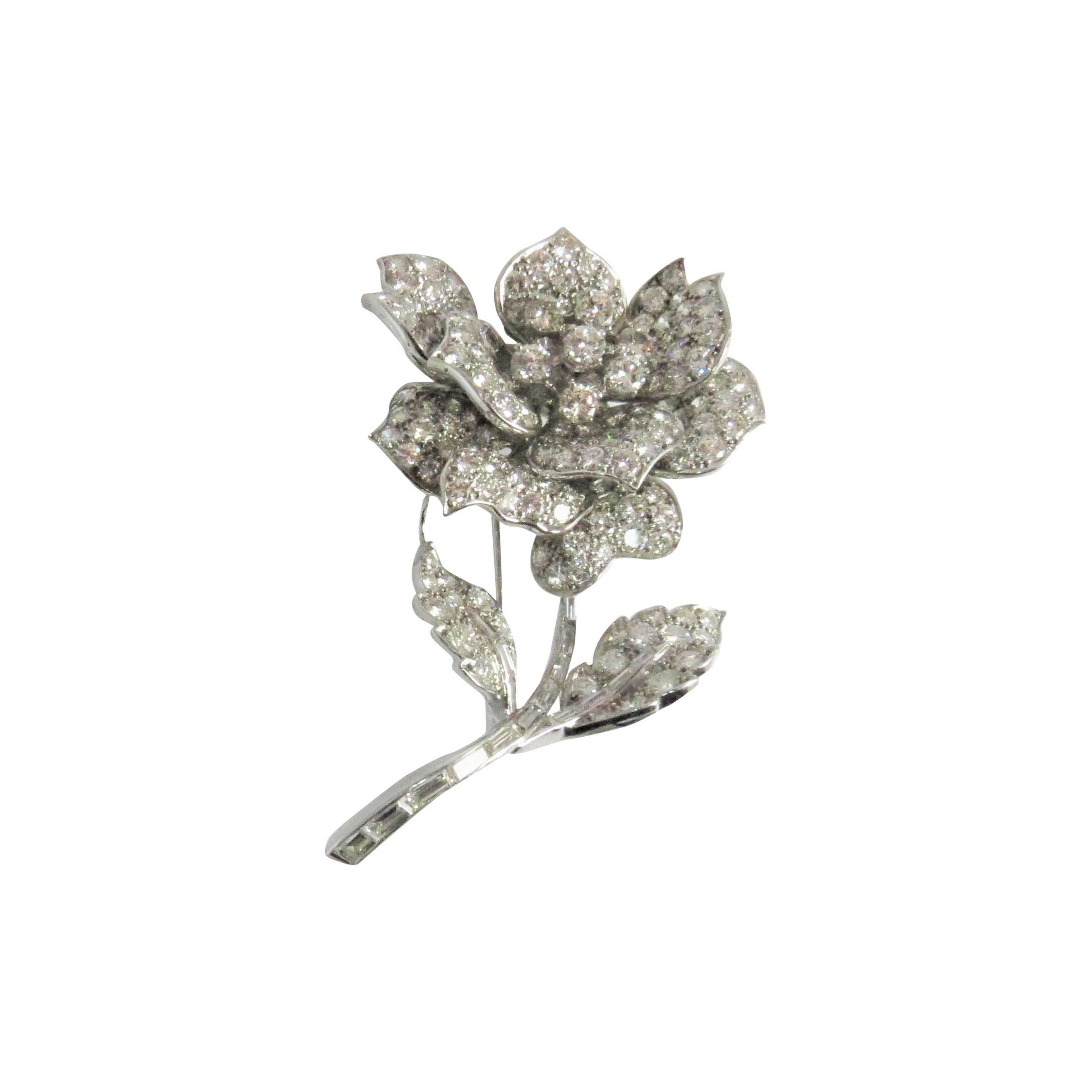 Platinum Diamond Flower Pin with Double Hinged Back For Sale