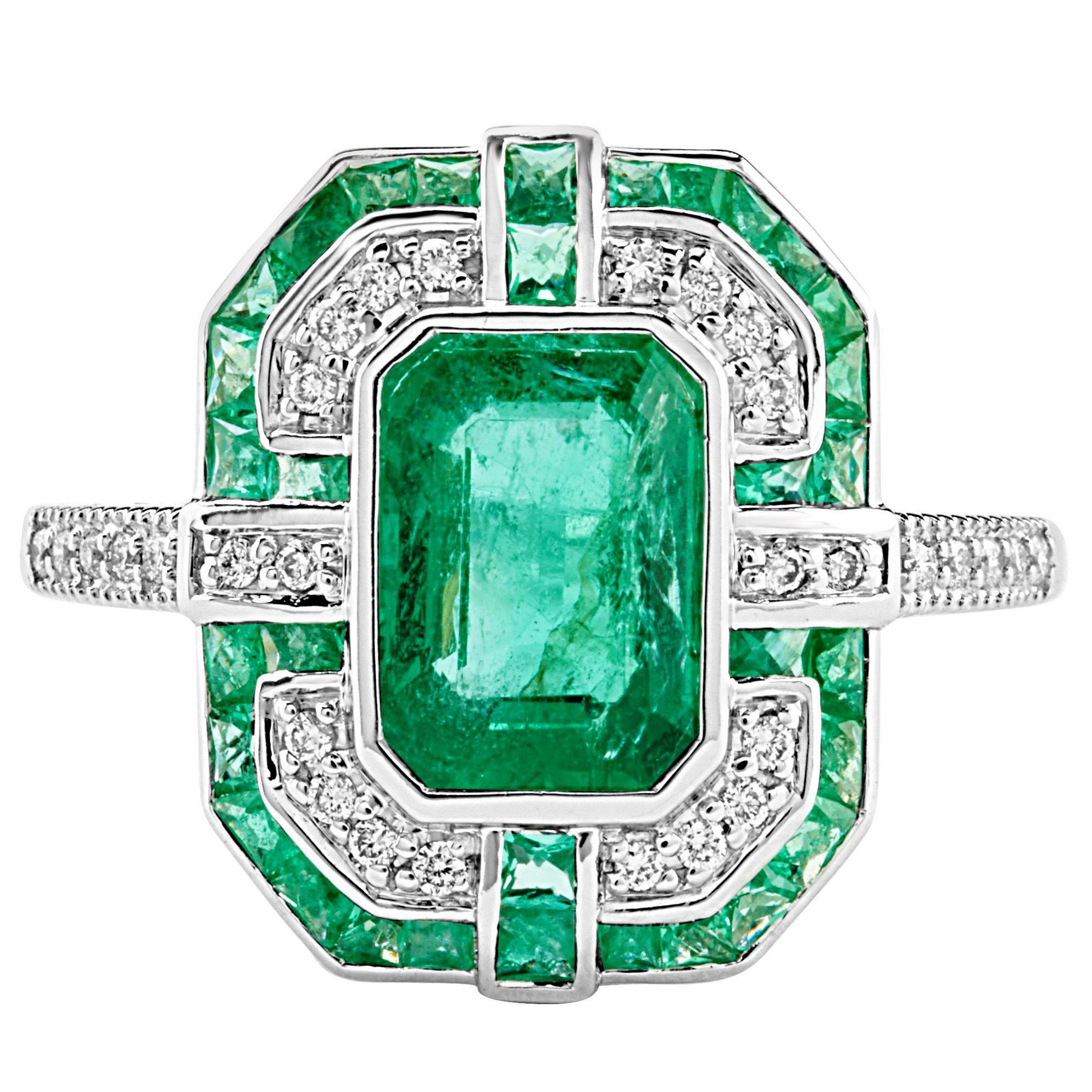 Geometric Design Octagon Emerald Diamond Ring