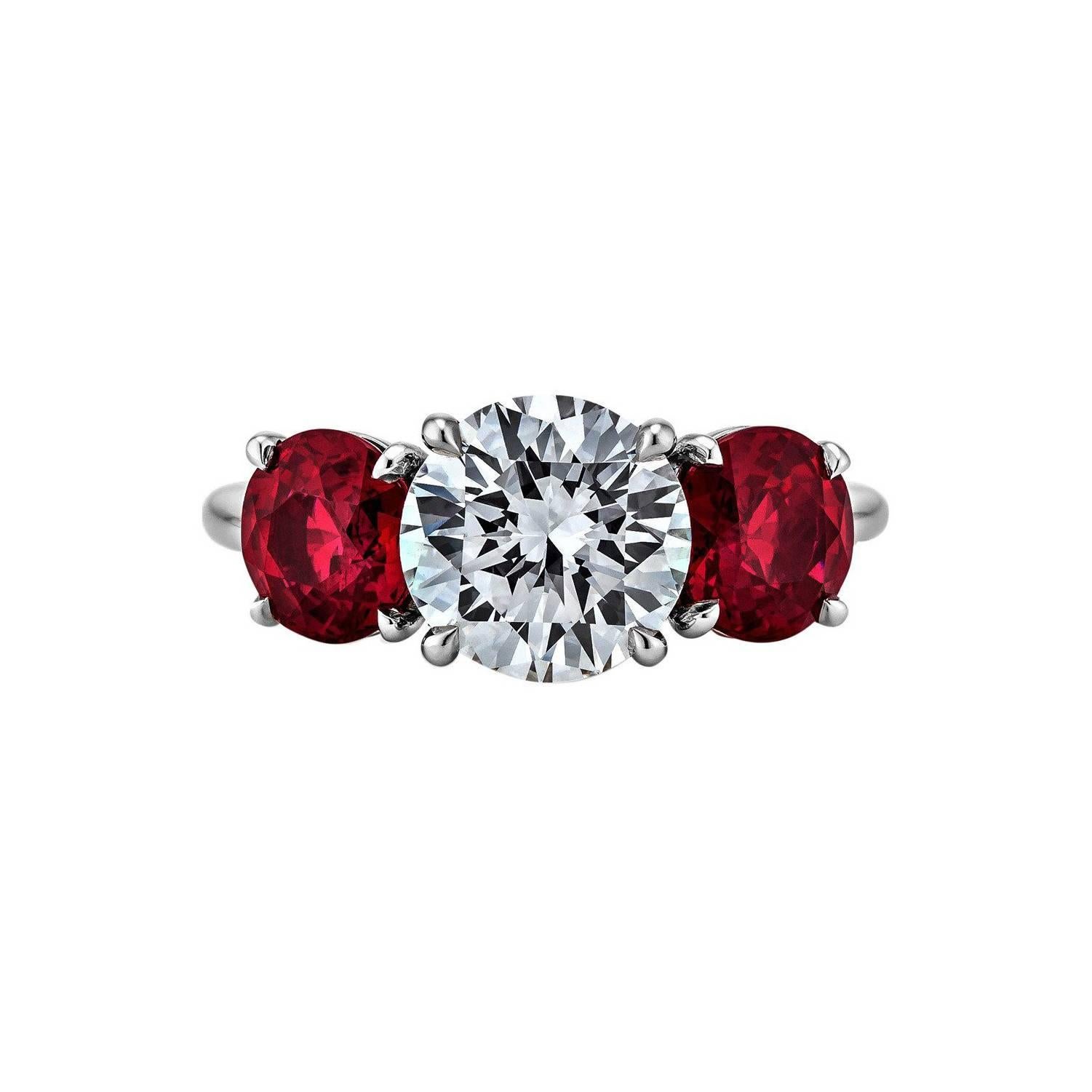 Burmese Ruby Diamond Platinum Three Stone Engagement Ring