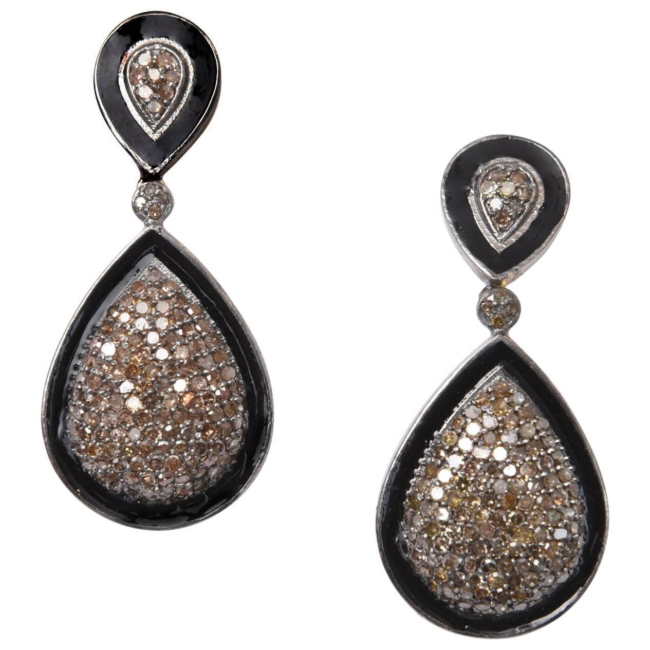 Pave` Diamond and Black Enamel Drop Earrings