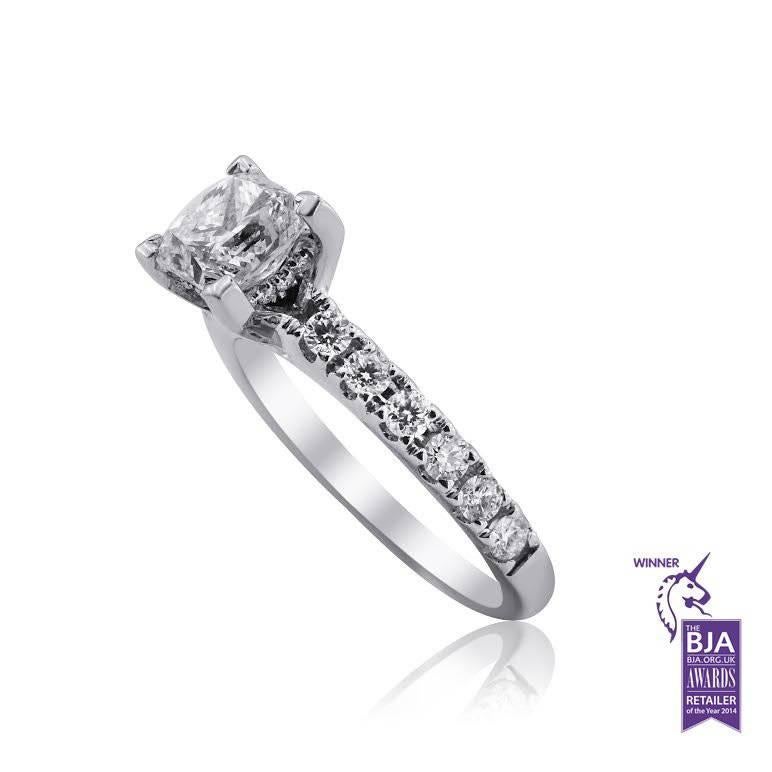 WHITE GOLD SOLITAIRE ENGAGEMENT RING

Designed and created for H&Y Jewellery only, by our Italian jewellery maker.


Limited edition of one piece only


Set in 18 Karat white gold


Diamond cut: Square modified brilliant


Side diamond cut: