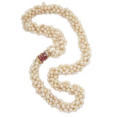 1950s Seaman Schepps Multiple Pearl Strand and Ruby with Diamonds Clasp