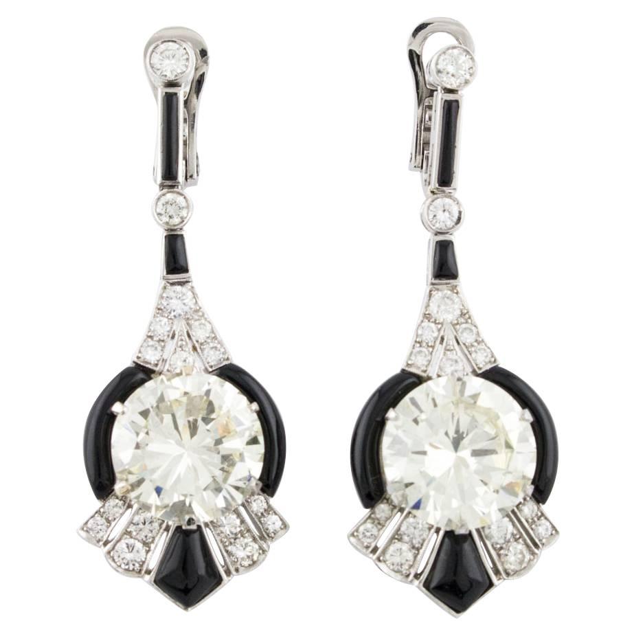 Certified Important Platinum Onyx and Diamonds Dangle Earrings