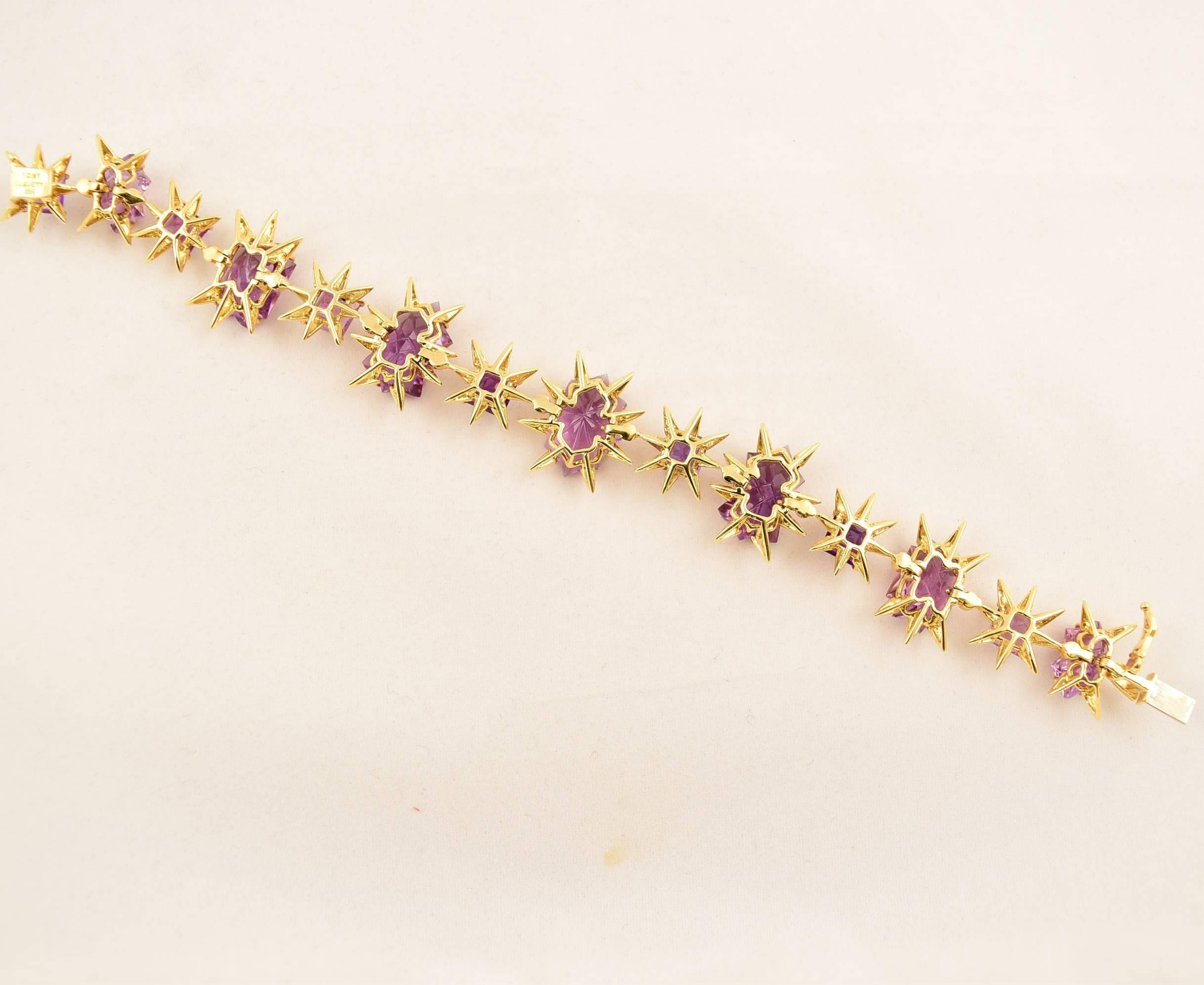 Beautiful One-of-a-Kind Purple Amethyst (app. 58 ct.) Statement Bracelet; hand crafted in 18k Gold; Signed: TONY DUQUETTE 18K; measuring approx. 7 3/8 inches; long x 1.50 inches; wide; by Tony Duquette, Designer Extraordinaire! Outstanding…A Piece