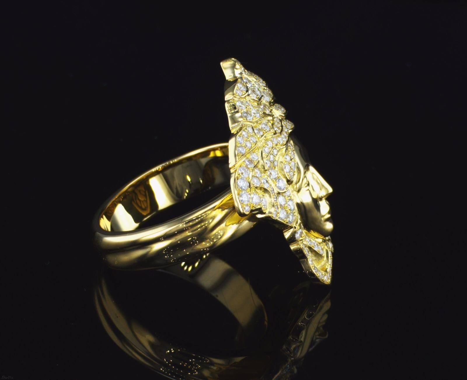 Handcrafted gold and Diamond ring which showcase the Medusa of the Greek mythology. 
This unique ring is made of 18K gold and embedded with Diamonds, 1 Carat Total Diamond Weight. 
Diamonds are round brilliant  E-F VS. 
Comes in a classic  Box 
Face