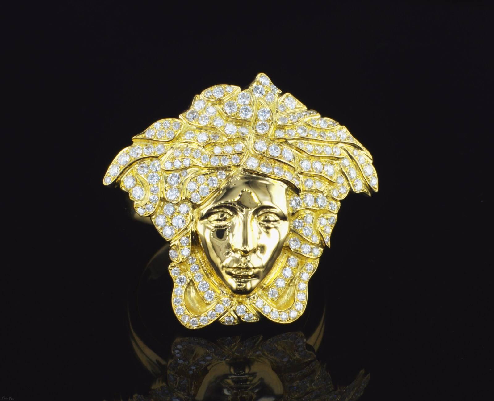 Women's or Men's Medusa 18K Gold and Diamond Ring For Sale