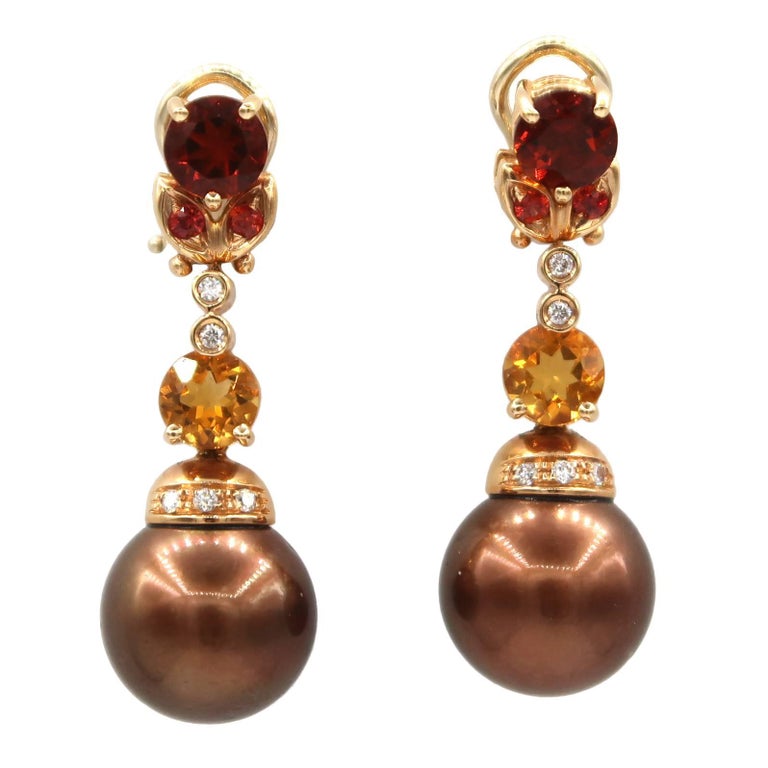 Mangiarotti Chocolate Brown Pearl Diamond Spessare Citrine Rose Mangiarotti Chocolate Brown Pearl Diamond Spessare Citrine Rose Gold Earrings For