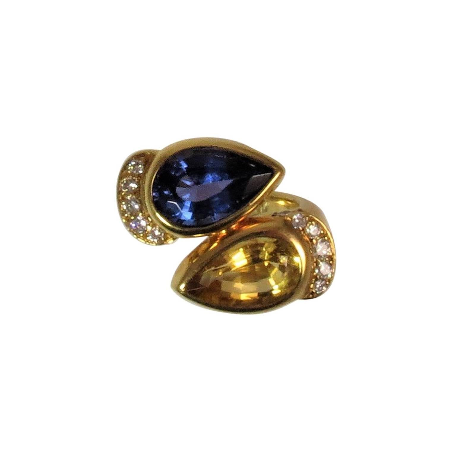 Susan Berman 18 Karat Yellow Gold Tanzanite, Beryl and Diamond Ring For Sale