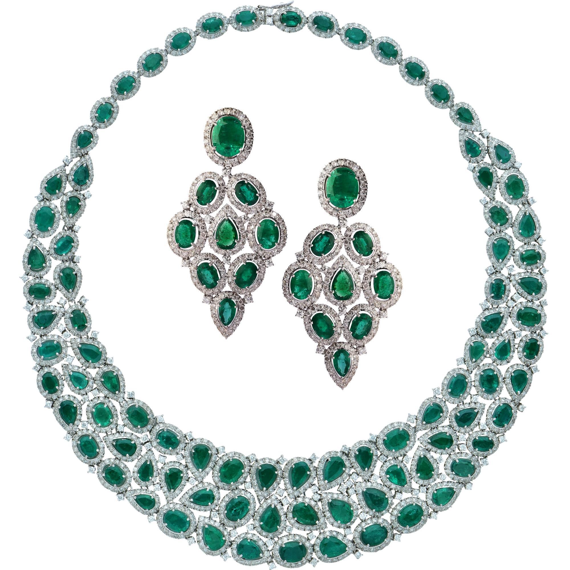 101 Carat Emerald and Diamond Necklace and Earrings Set