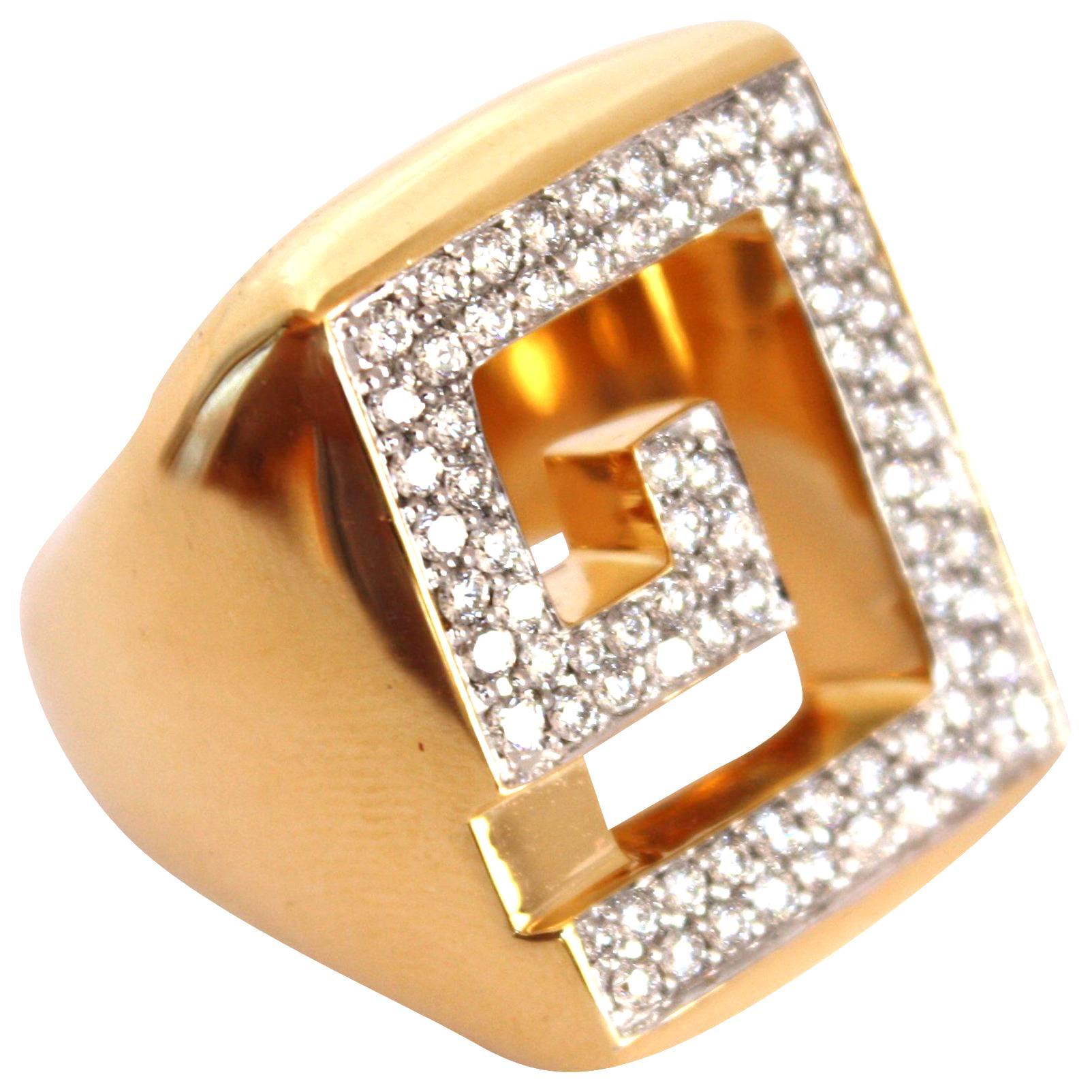 Greek Key 18 Karat Gold and Diamond Cocktail Ring For Sale