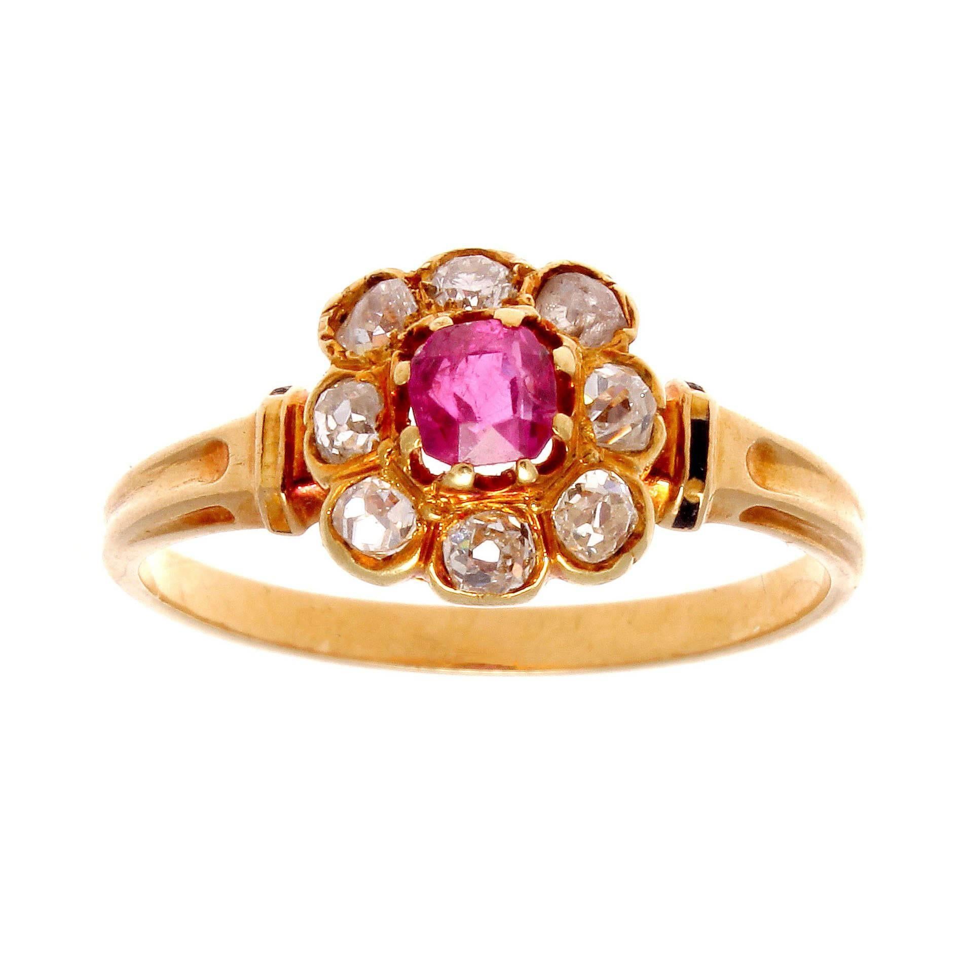 19th Century French Ruby Diamond Gold Cluster Ring