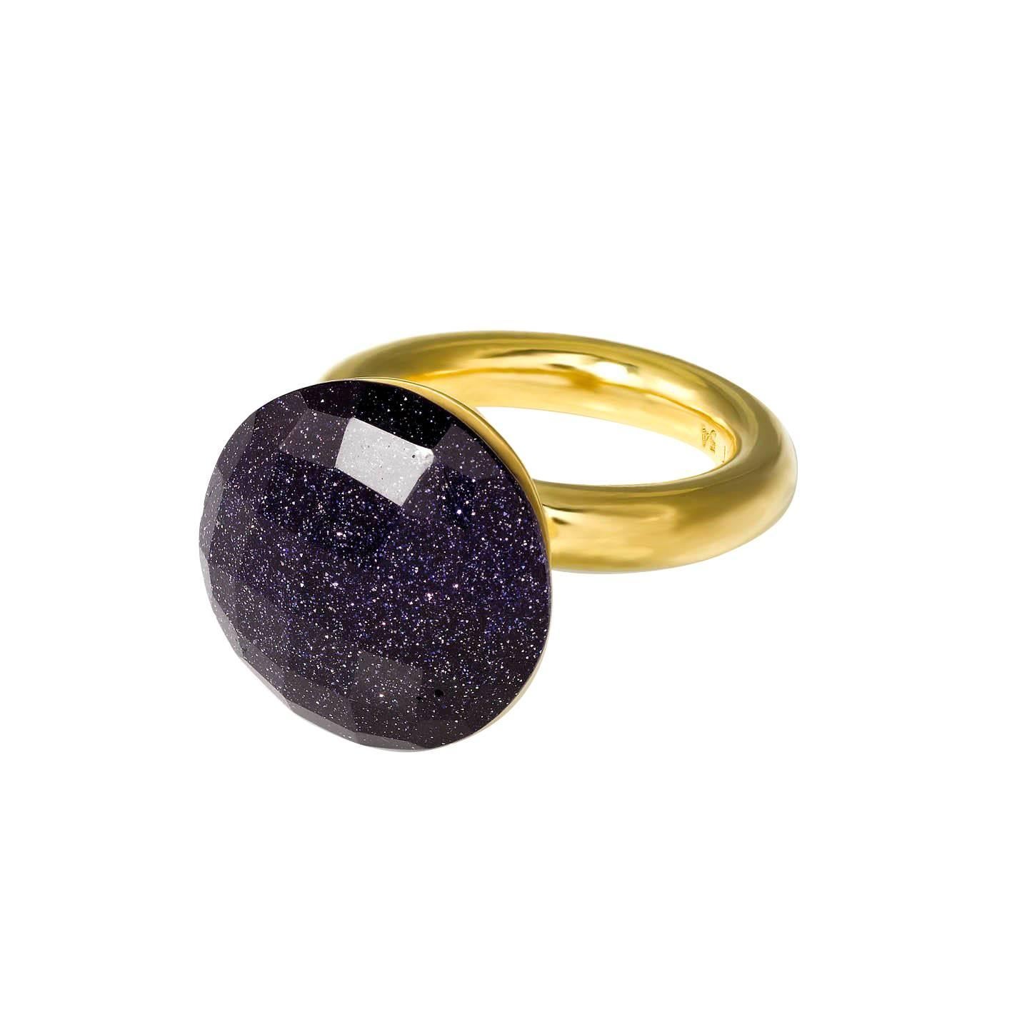 'To The Stars' Midnight Blue Crystal Yellow Gold Plated Cocktail Statement Ring For Sale