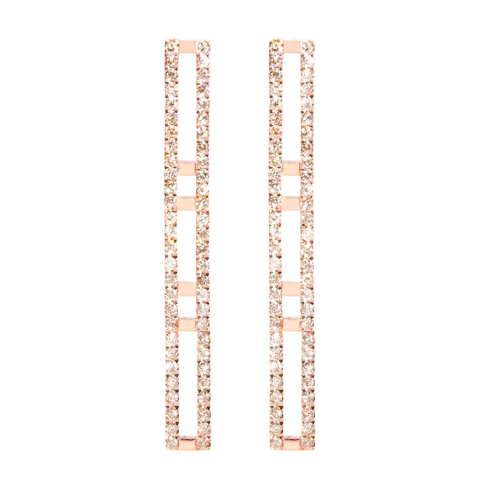 Brown White Diamond Rectangular Yellow Rose Gold Chandelier Drop Earrings For Sale