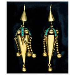 Victorian Gold Turquoise and Tassel Earrings in Fitted Box