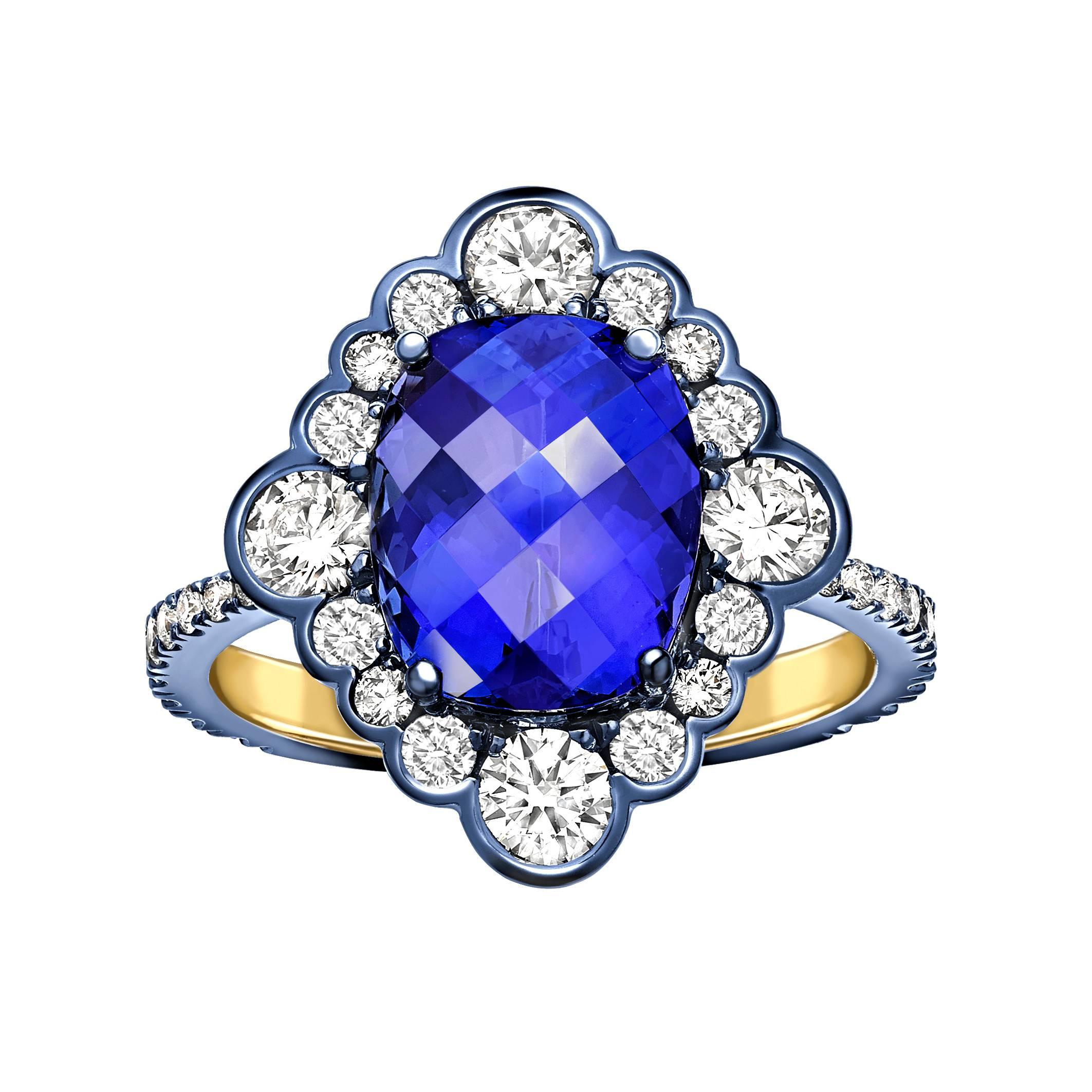 Ana De Costa Yellow Gold Blue Tanzanite White Diamond Cocktail Engagement Ring