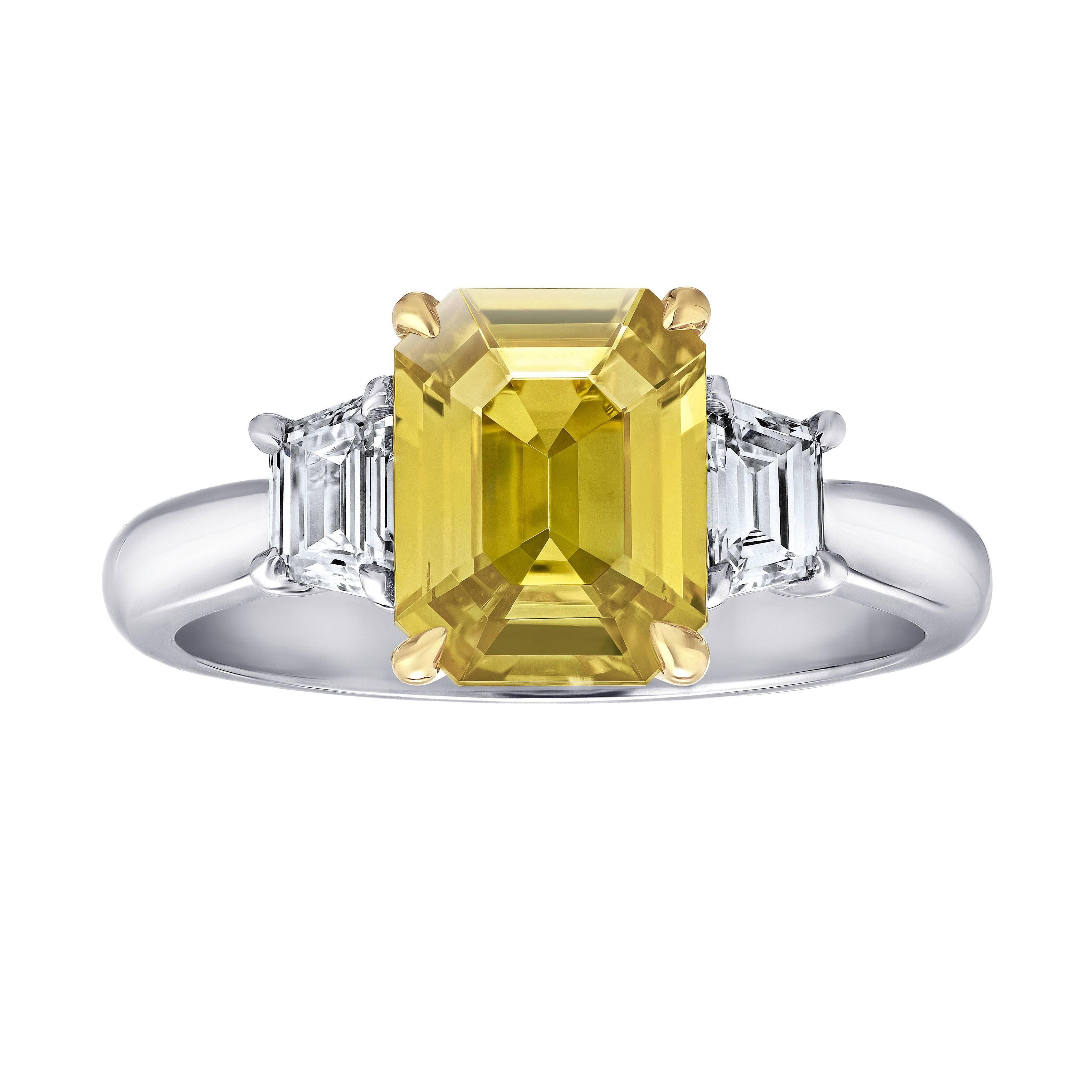 2.50 Carat Emerald Cut Yellow Sapphire and Diamond Platinum Ring