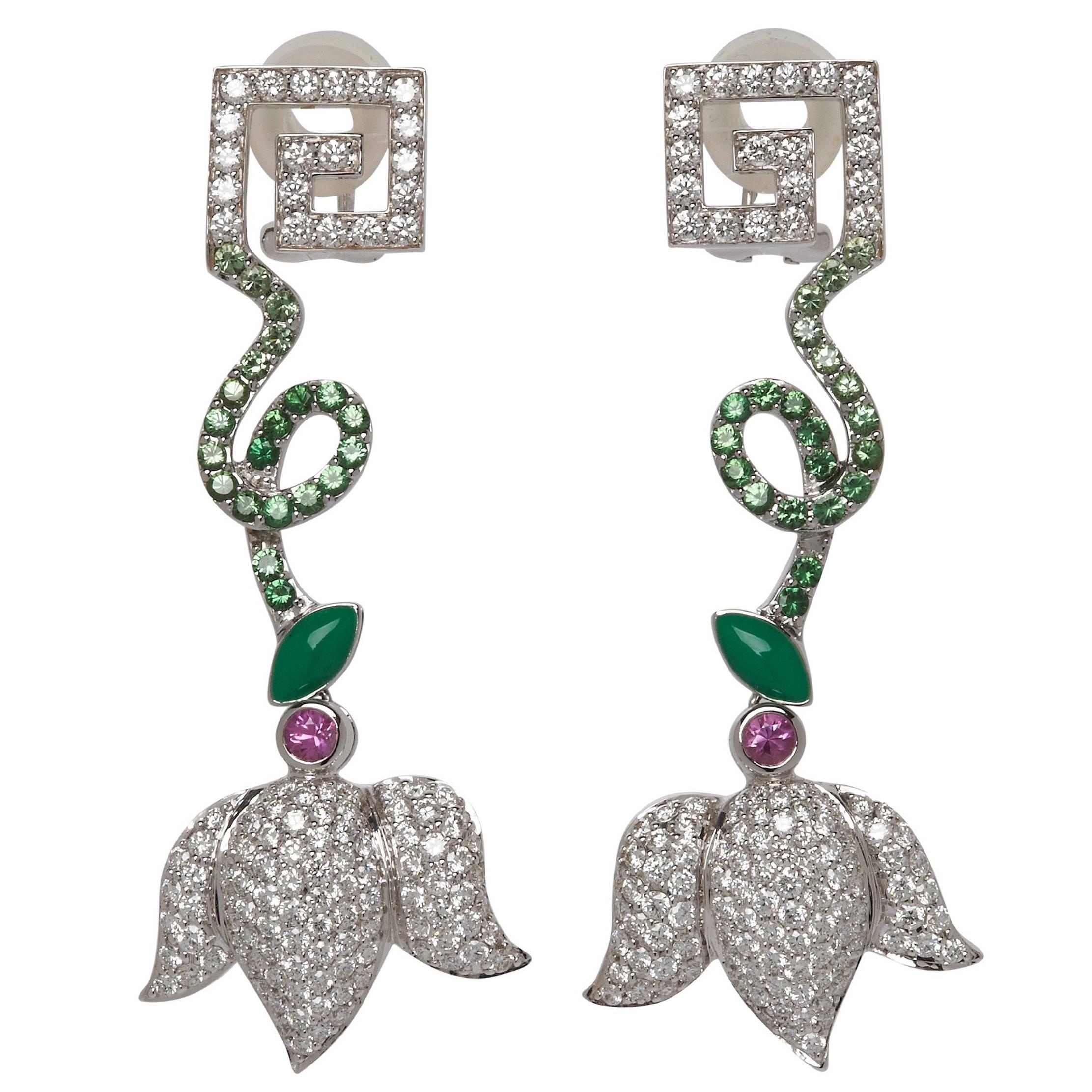Greek Key Diamond, Pink Sapphire and Tsavorite Garnet Drop Earrings For Sale