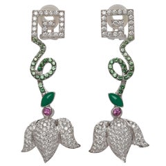 Greek Key Diamond, Pink Sapphire and Tsavorite Garnet Drop Earrings