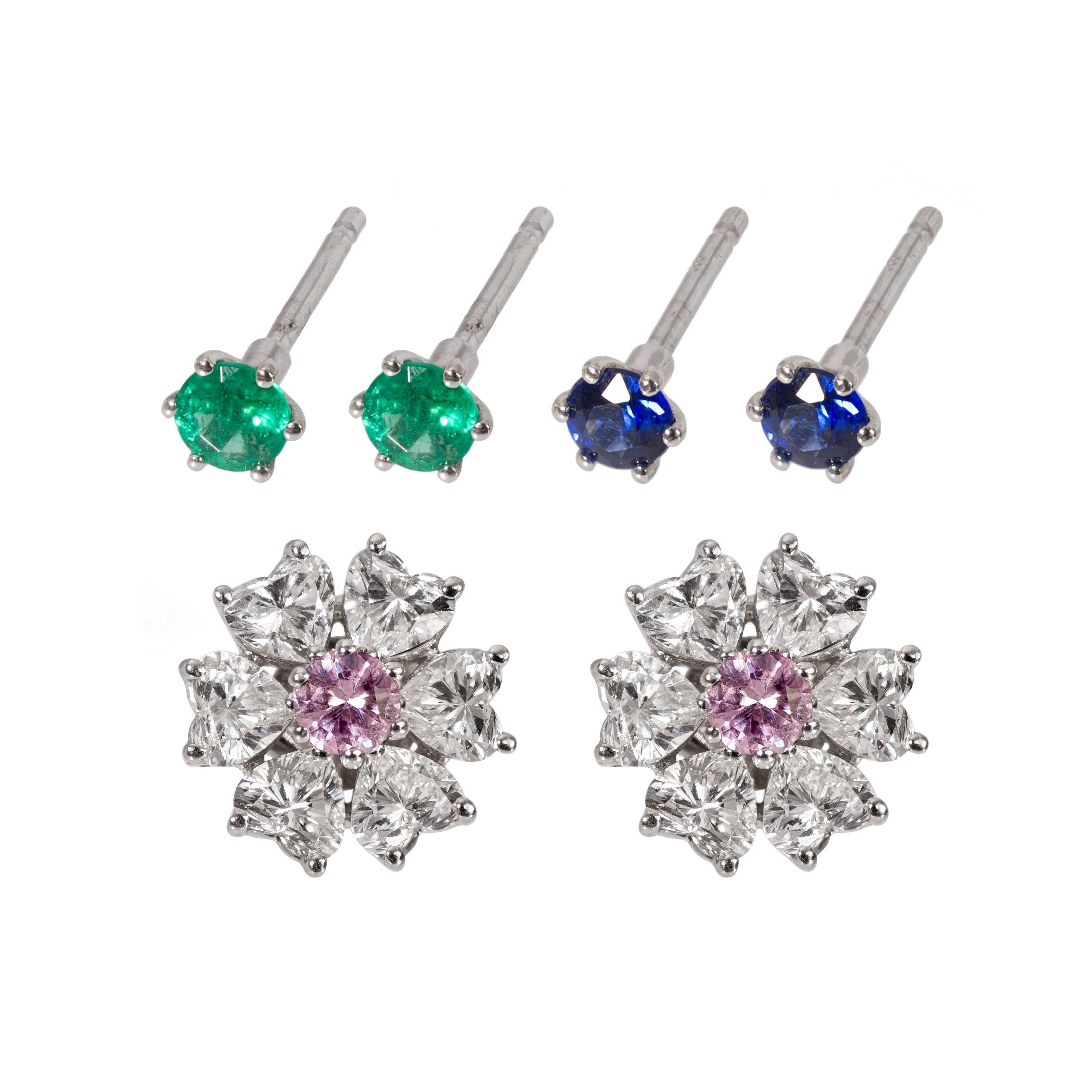 2.84 Carat Floral Interchangeable Diamond Earrings Set with Heart Shape Diamonds For Sale