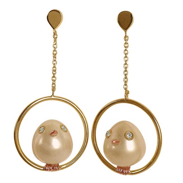 Bird White Diamond South Sea Oval Pearl 18K Gold Drop Dangle Earrings