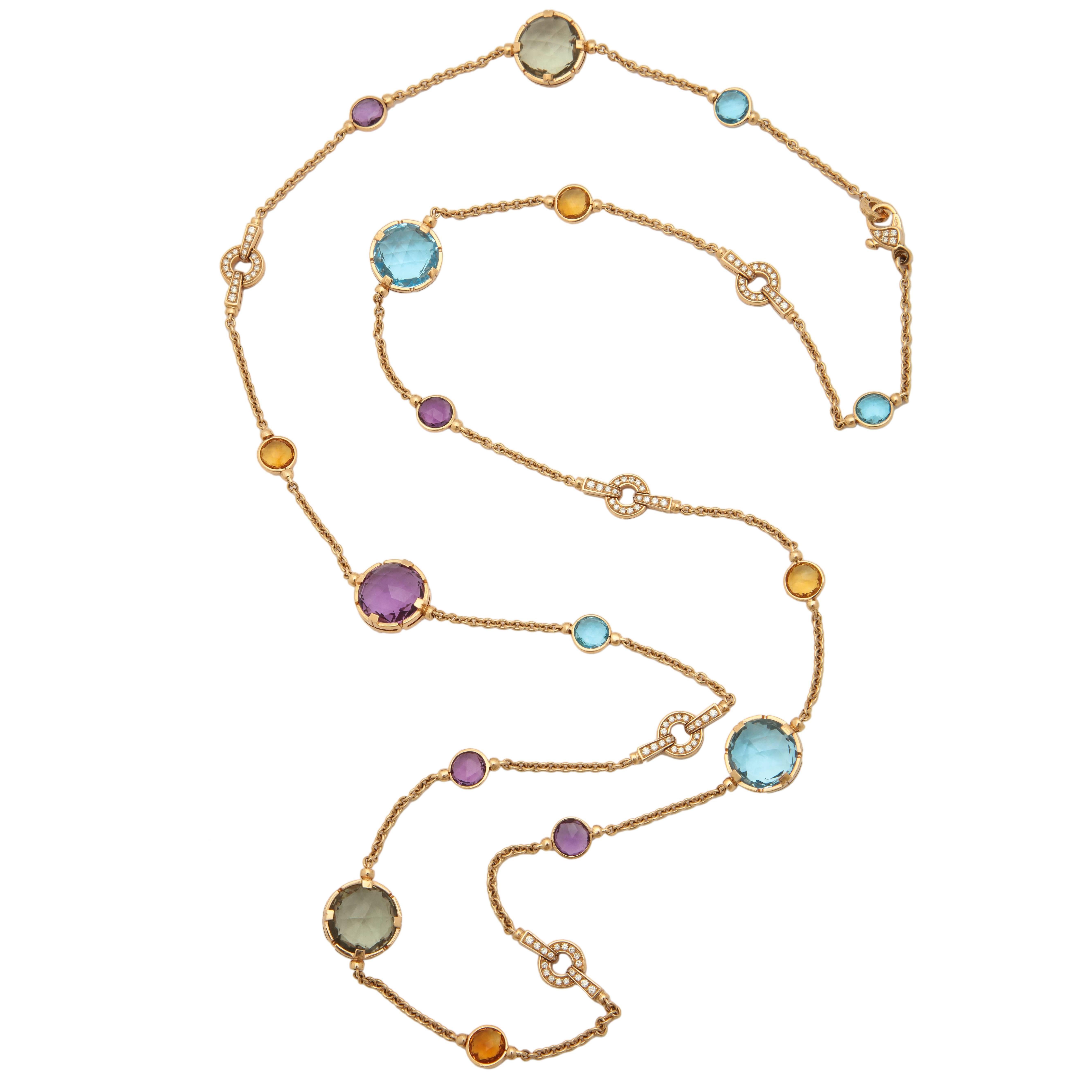 Bvlgari Multicolored Stones and Diamond Gold Link Long Chain Necklace with Clasp