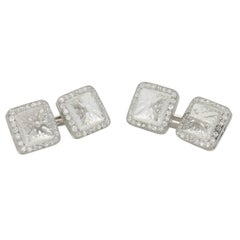 Antique Pair of Carved Rock Crystal and Single cut Diamond Cufflinks in Platinum 