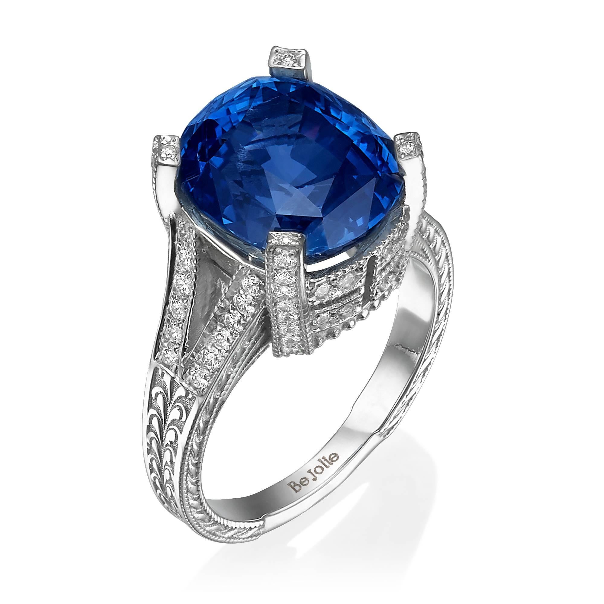 Bague de fiançailles en saphir bleu naturel certifié GRS de 11,01 carats et diamants  en vente 1