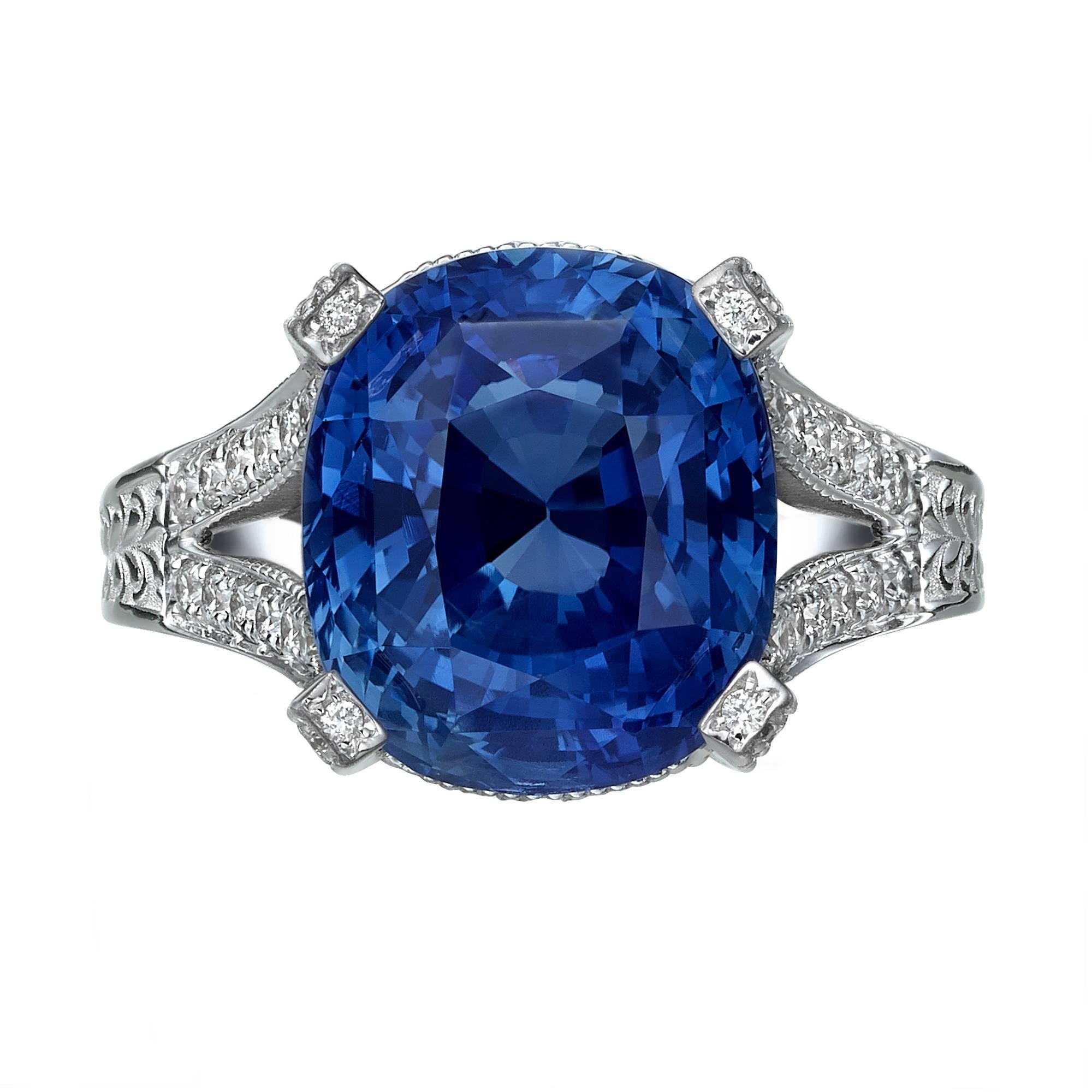 GRS Certified 11.01 Carat Natural Blue Sapphire & Diamond engagement Ring 