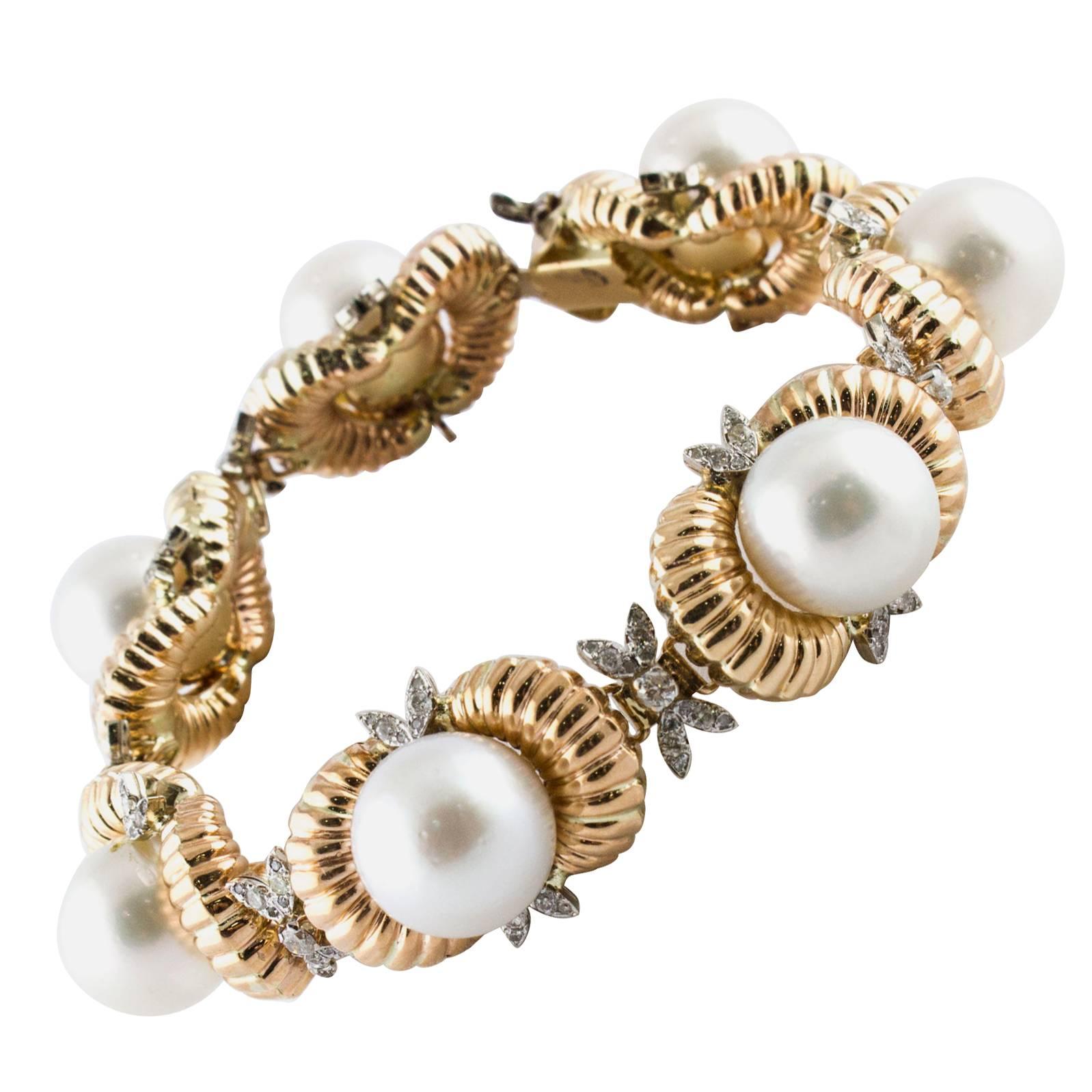 Diamonds and Australian Pearls Beaded gold Bracelet  For Sale