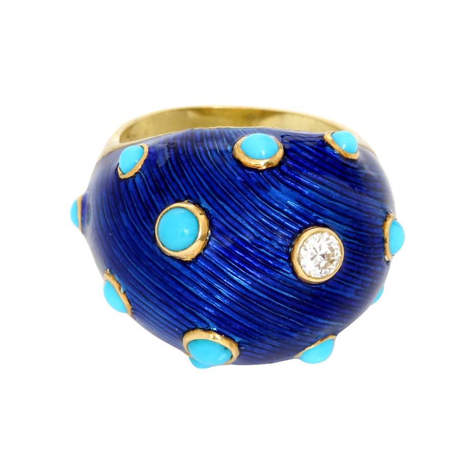 Carvin French Turquoise, Diamond and Enamel Dome Ring