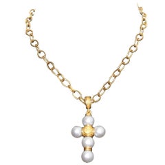 Denise Roberge Cultured Pearl and 22 Karat Yellow Gold Cross Pendant Necklace