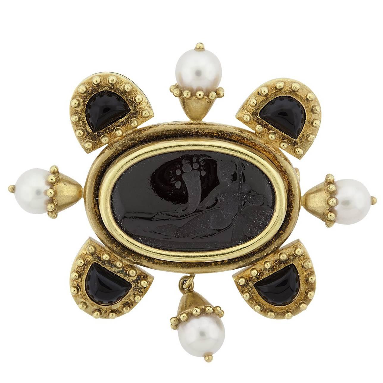 Elizabeth Locke Onyx Intaglio and Cultured Pearl Gold Brooch