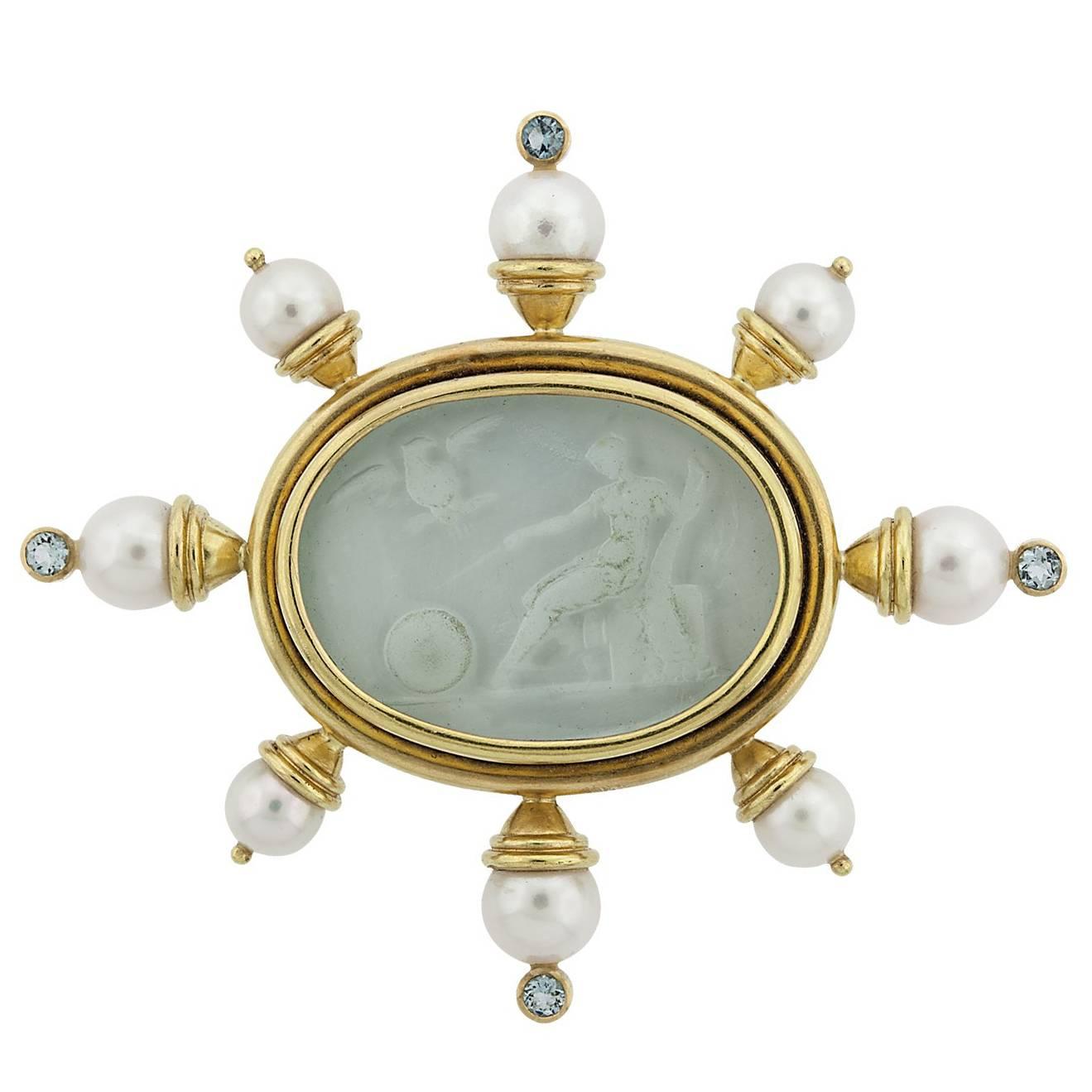 Elizabeth Locke Intaglio with Cultured Pearls and Aquamarine Gold Brooch