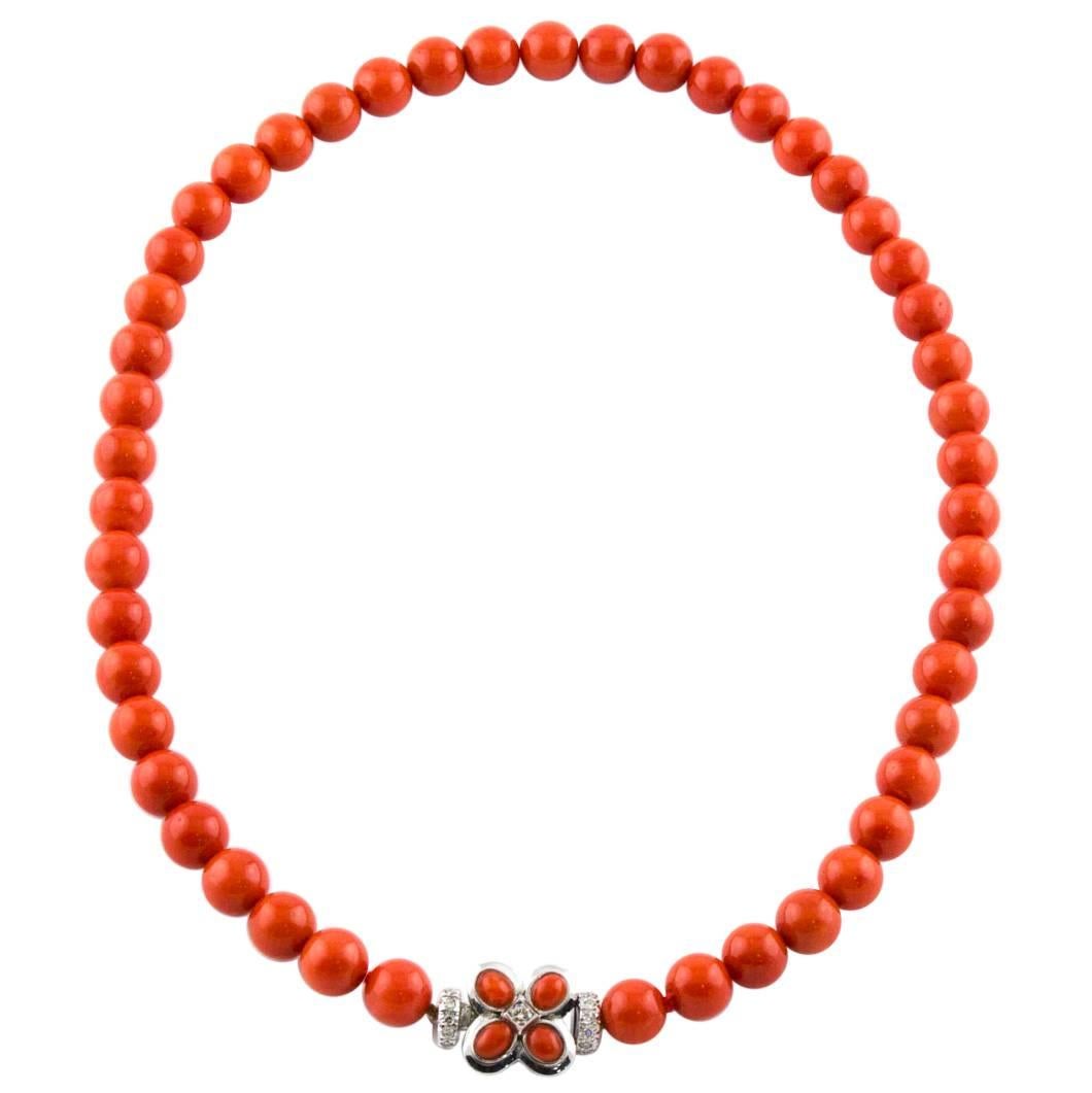 White Gold Italian Natural Coral Top Quality Beaded Necklace