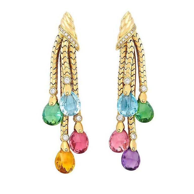 MultiColor Stones and Gold Ear Pendants For Sale at 1stdibs