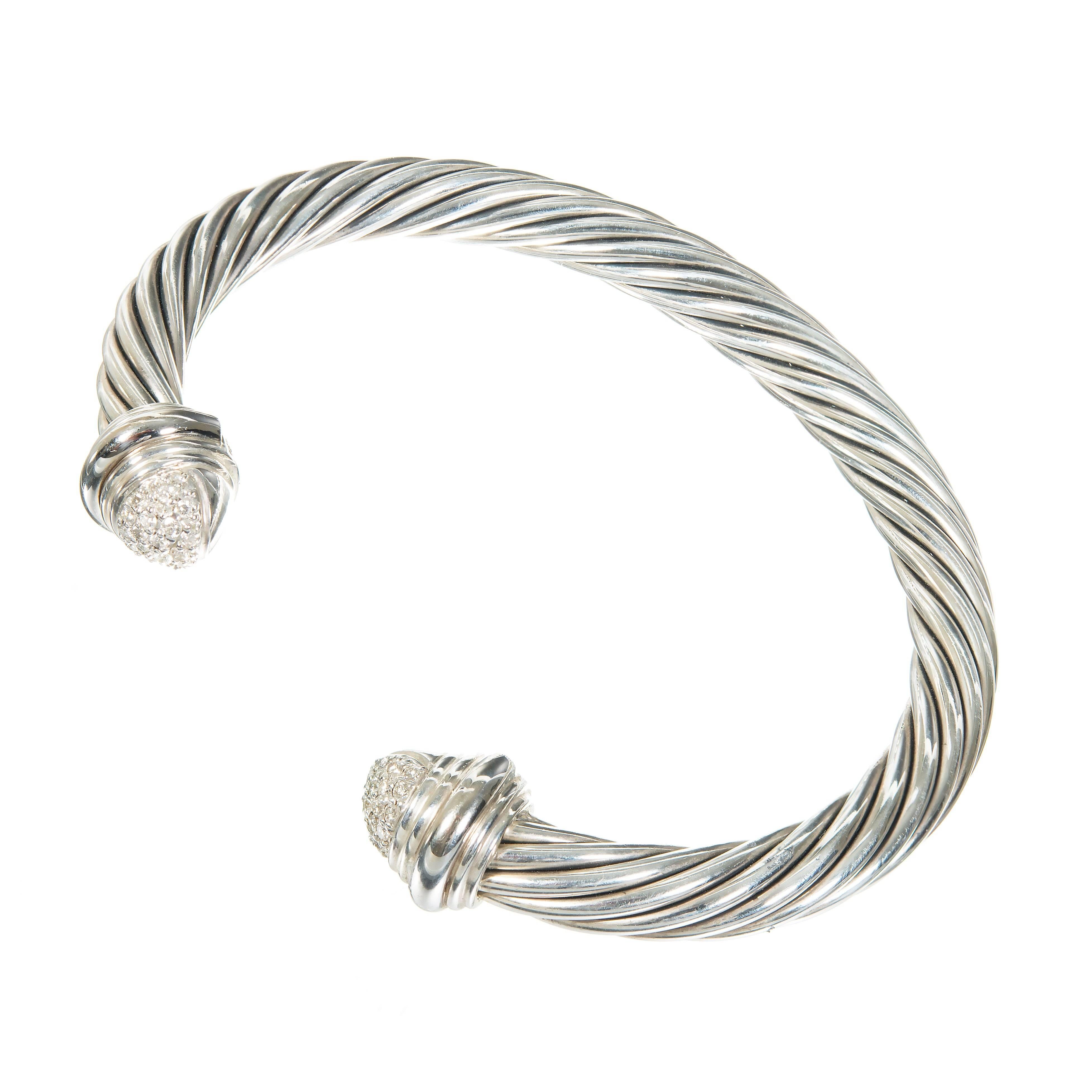 David Yurman .55 Carat Diamond Silver Gold Bangle Bracelet For Sale