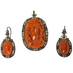 Rare Fine Carved  Coral Corallium Rubrum Pendant Brooch and Earrings, C. 1880